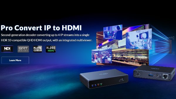 Pro Convert IP to HDMI — second-generation decoder converting up to 4 IP streams into a single HDR10 QHD HDMI output with integrated multiviewer